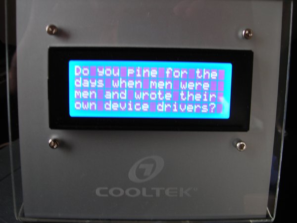 LCD displaying Linus Torvalds quote.