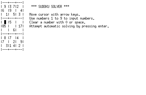 Screenshot of sudoku solver in curses.